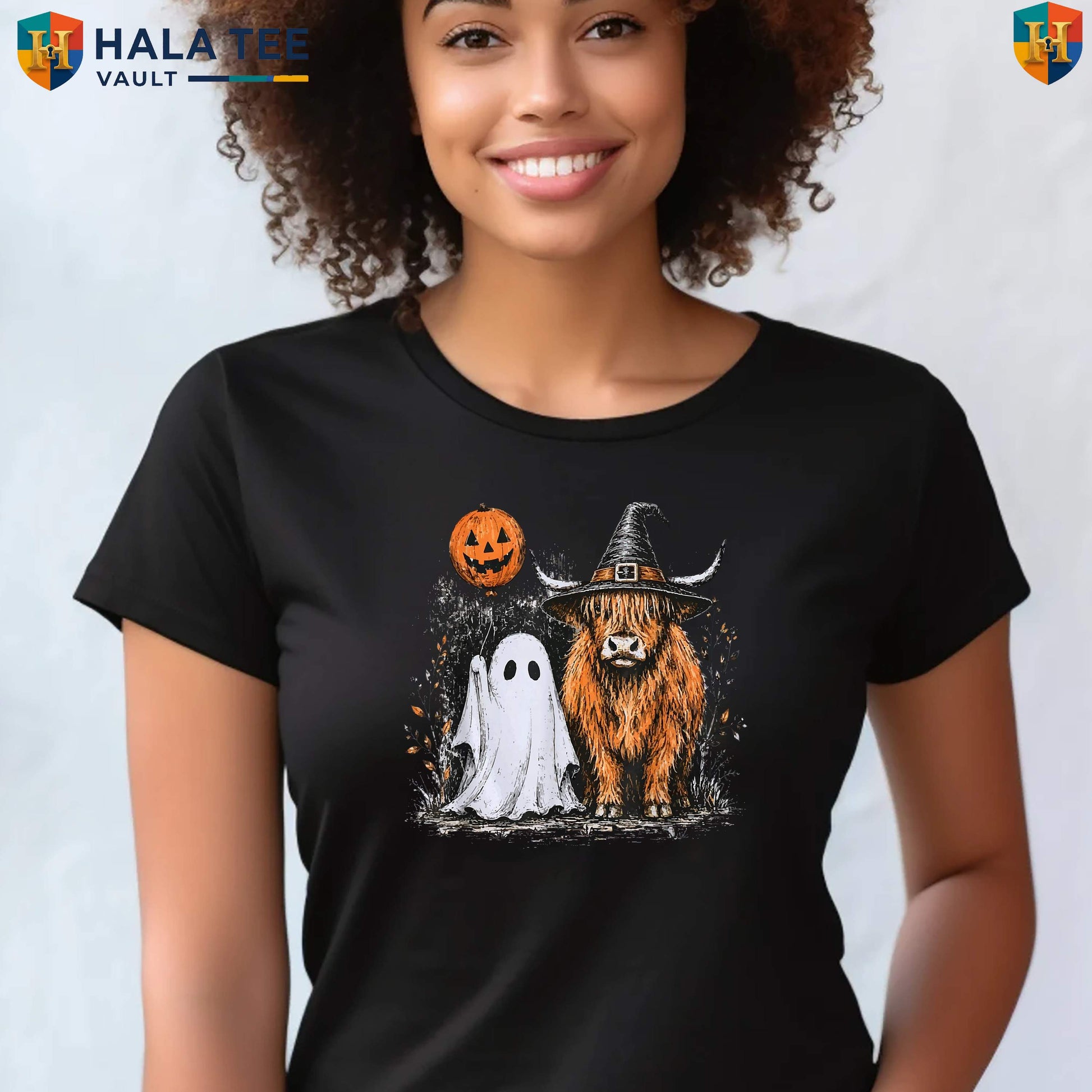 Highland Cow Ghost Halloween T-Shirt Cute Fall Autumn Pumpkin Spooky Graphic Top