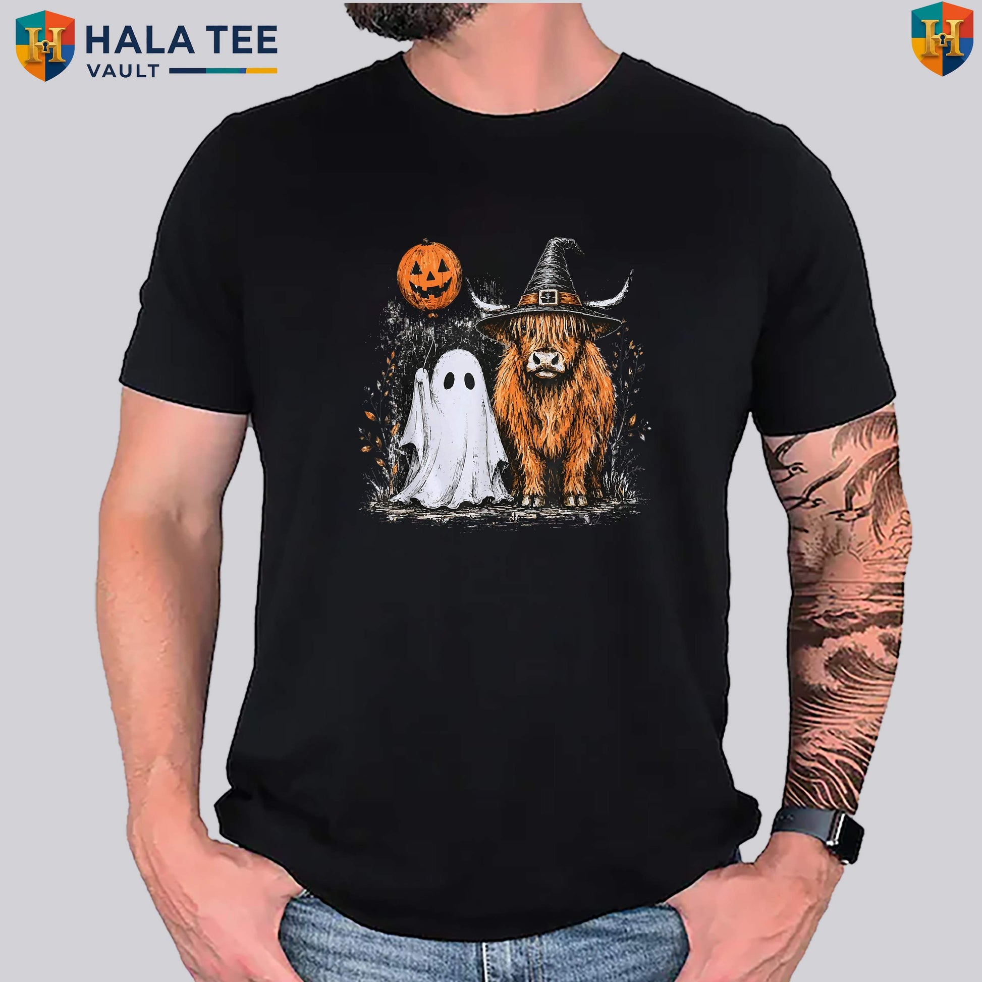 Highland Cow Ghost Halloween TShirt Cute Fall Autumn Pumpkin Spooky Graphic Top