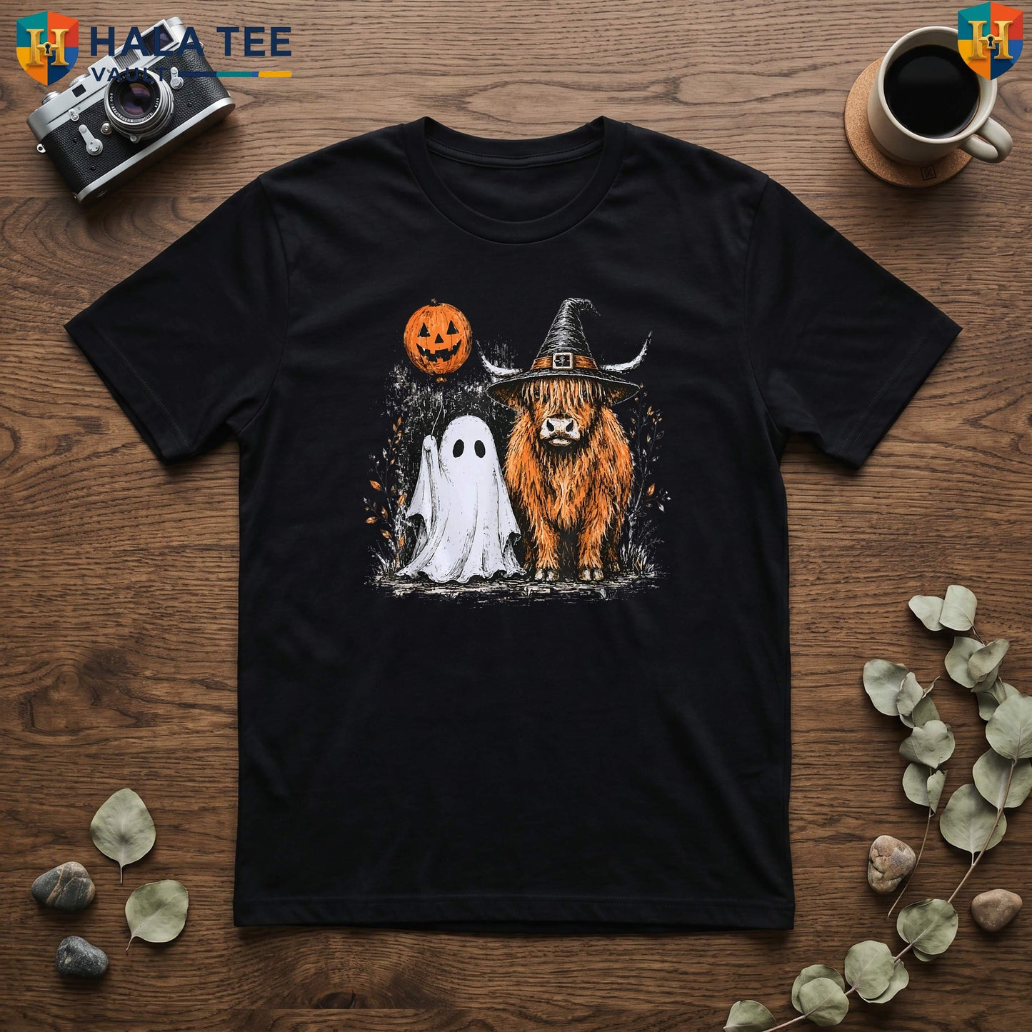 Highland Cow Ghost Halloween Tee Cute Fall Autumn Pumpkin Spooky Graphic Top