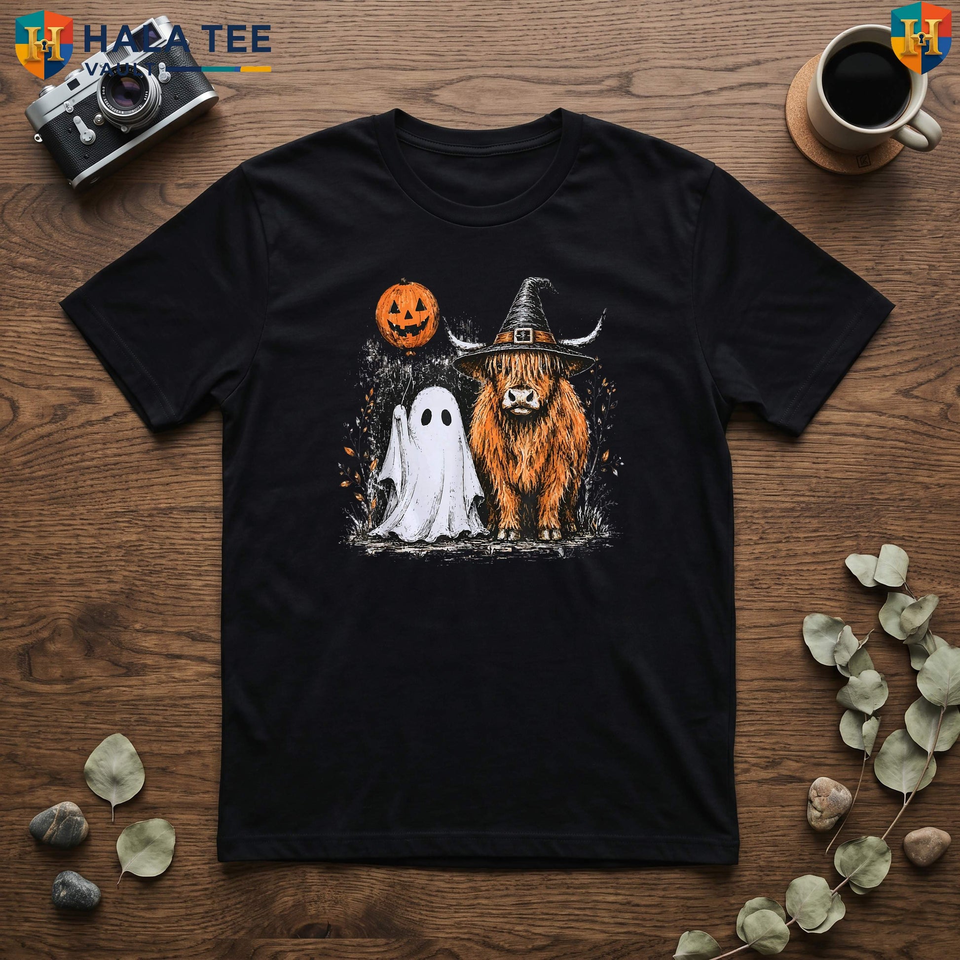 Highland Cow Ghost Halloween Tee Cute Fall Autumn Pumpkin Spooky Graphic Top
