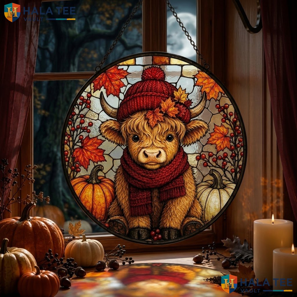 Highland Cow Halloween Stained Glass Suncatcher Autumn Pumpkin Leaf Decor Adult