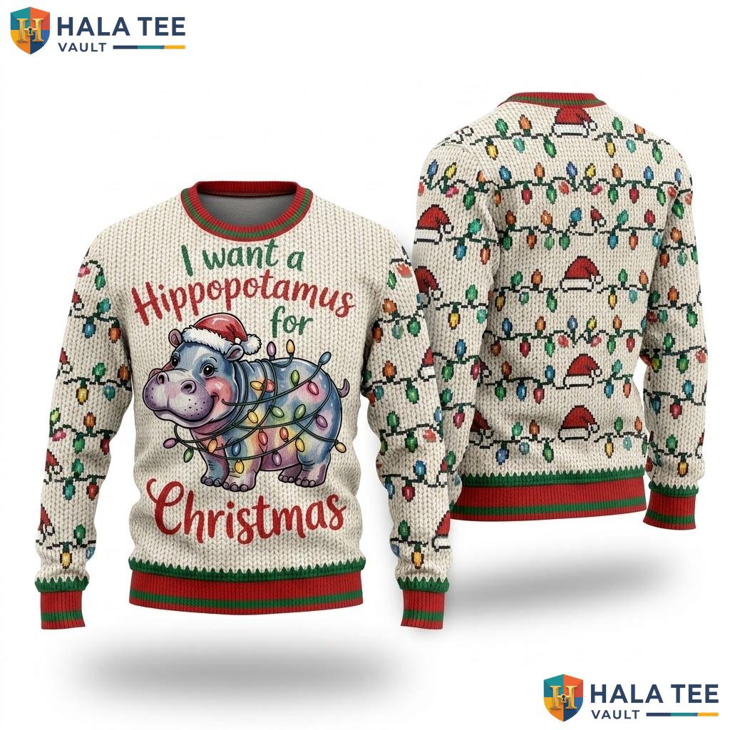 Hippopotamus Hippo Funny Christmas Sweater I Want Cute Holiday Top