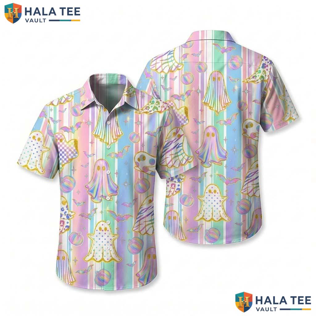 Holographic Ghost Halloween Hawaiian Shirt Cute Pastel Pumpkin Aloha