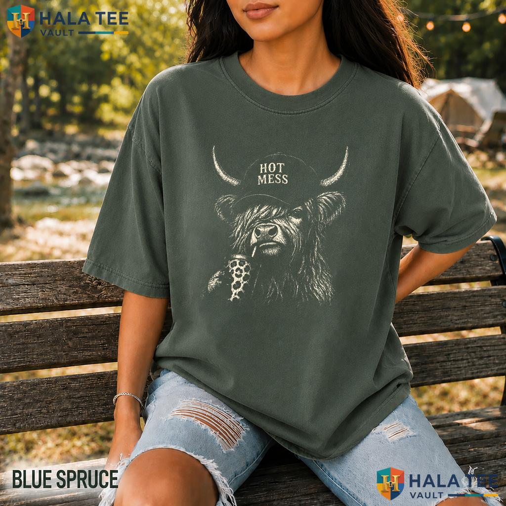 Hot Mess Highland Cow Comfort Colors T-Shirt Cute Fluffy Heifer Coffee Top