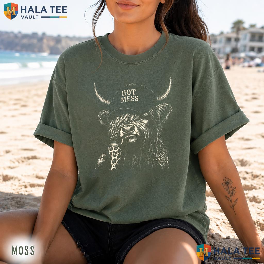 Hot Mess Highland Cow Retro Style T-Shirt Cute Fluffy Heifer Coffee Top
