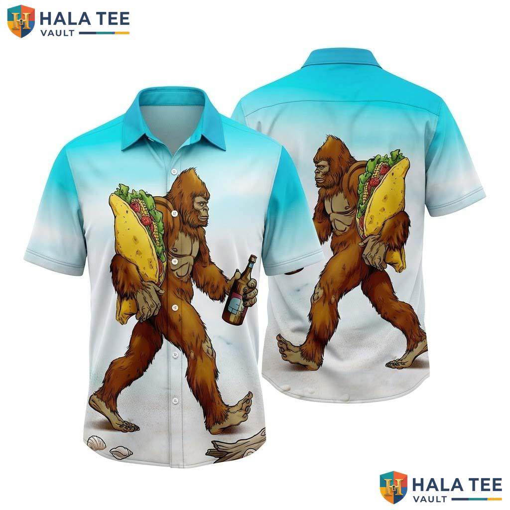 Humorous Bigfoot Taco Hawaiian Shirt Fun Novelty Print Short Sleeve Button