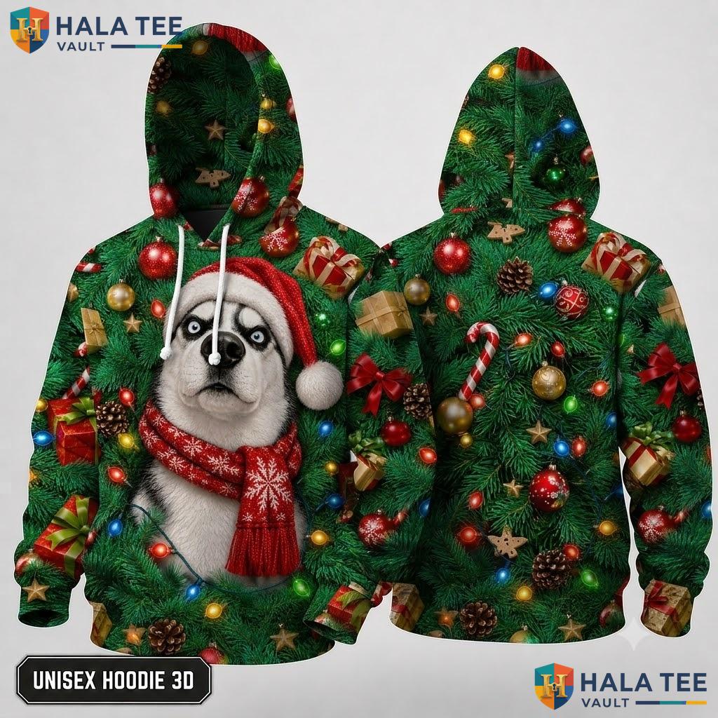 Husky Dog Santa Hat Xmas 3D Hoodie Festive Playful Holiday Outfit