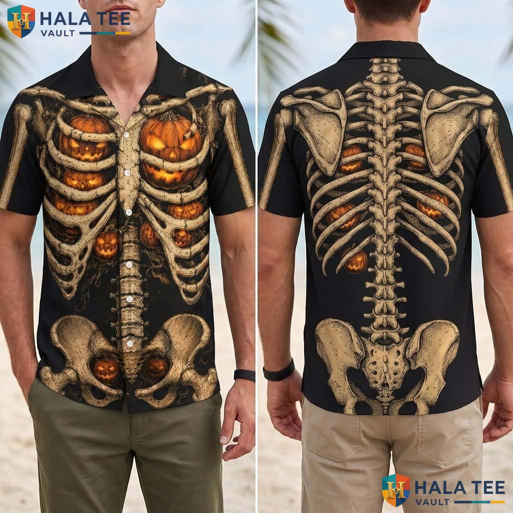 Jack O Lantern Halloween Hawaiian Shirt Spooky Skeleton Ribcage Top Adult