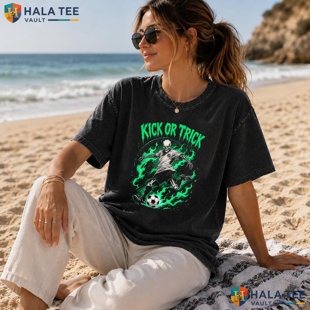 Kick Or Trick Heavyweight Washed Shirt Funny Skeleton Soccer Halloween Graphic Top