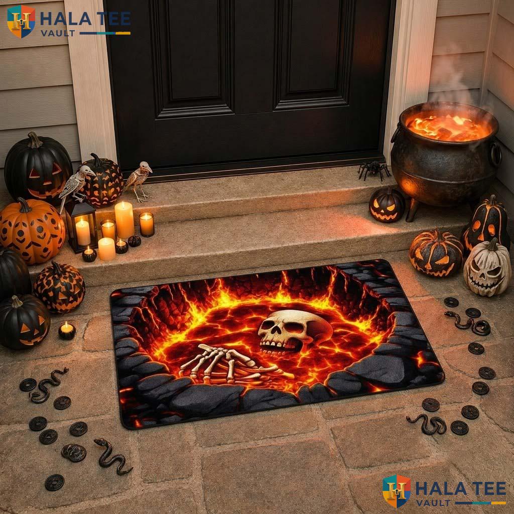 Lava Pit Skeleton Halloween Doormat Fiery Hell Hole 3D Illusion Decor