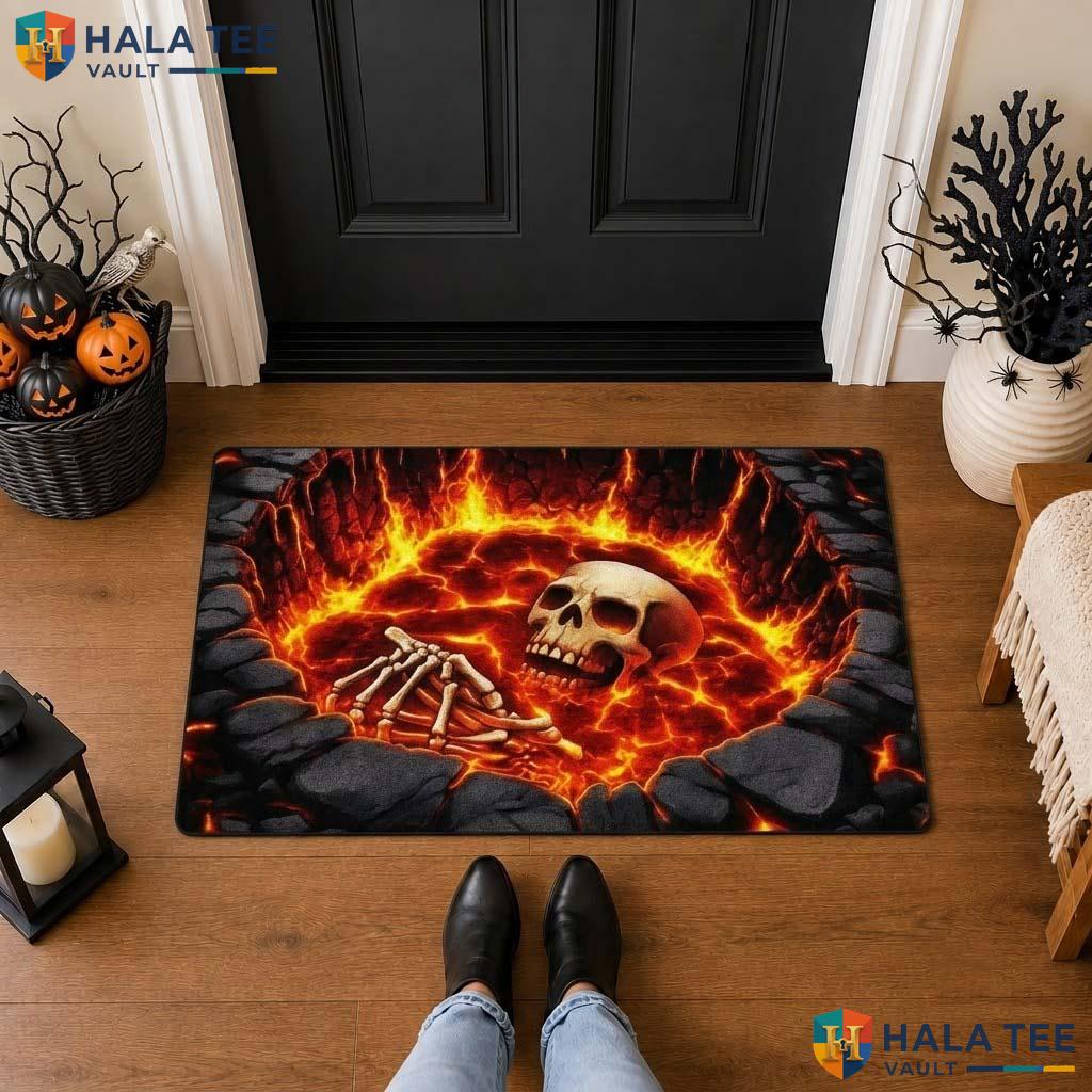 Lava Pit Skeleton Halloween Front door mat Fiery Hell Hole 3D Illusion Decor