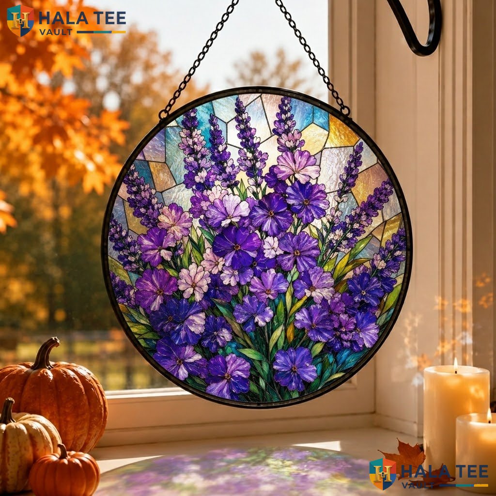 Lavender Flowers Halloween Stained Glass Suncatcher Spooky Ghost Window Decor Adult