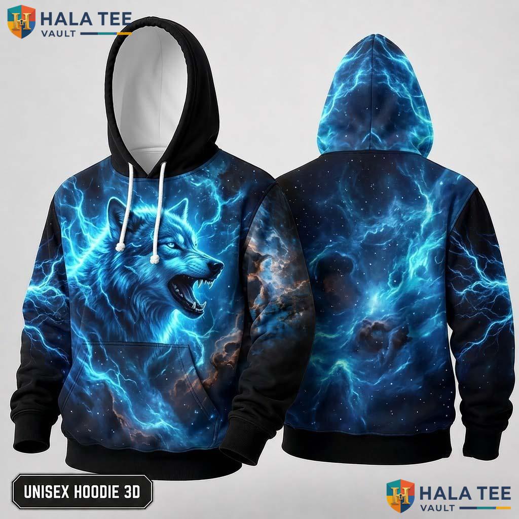 Light Blue Cosmic Wolf 3D Hoodie Roaring Graphic Alternative Apparel