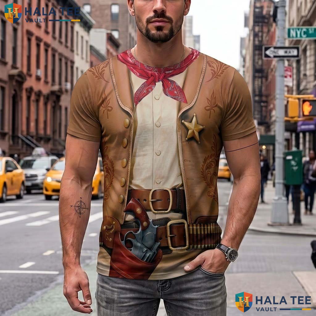 Light Brown Cowboy 3D Printed T-Shirt Mens Western Halloween Cosplay Costume Top