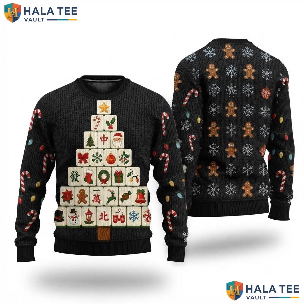 Mahjong Player Tiles Funny Christmas Sweater Tree Game Holiday Top