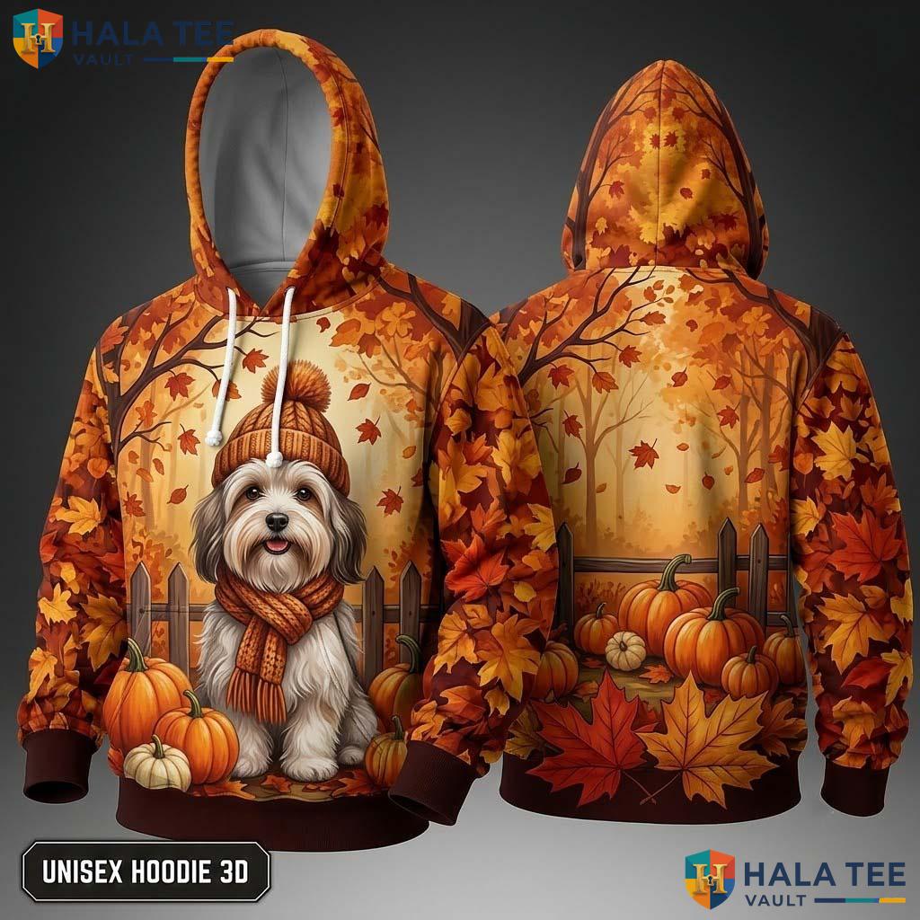 Maltese Pumpkins Leaves Thanksgiving 3D Hoodie Cute Fall Landscape Top