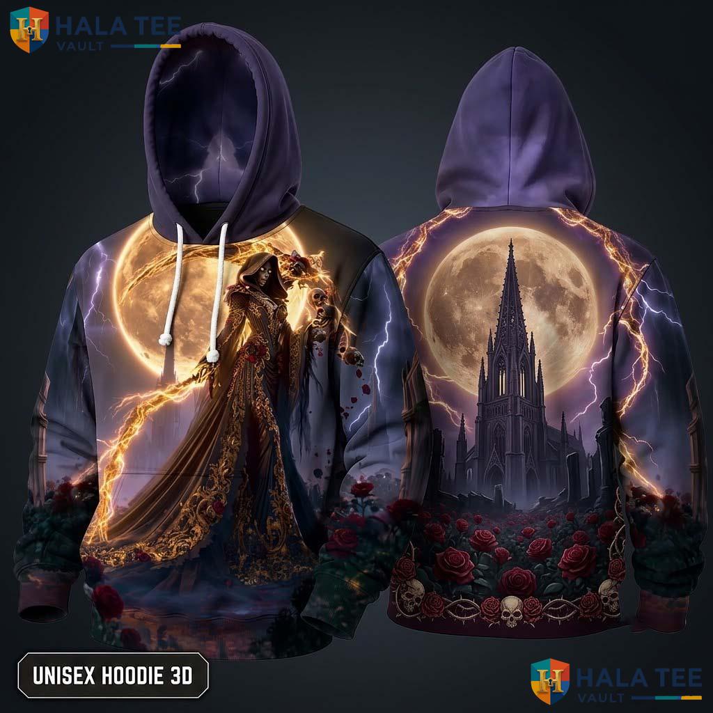 Moon Rose Grim Reaper 3D Hoodie Dramatic Gothic Skeleton Streetwear