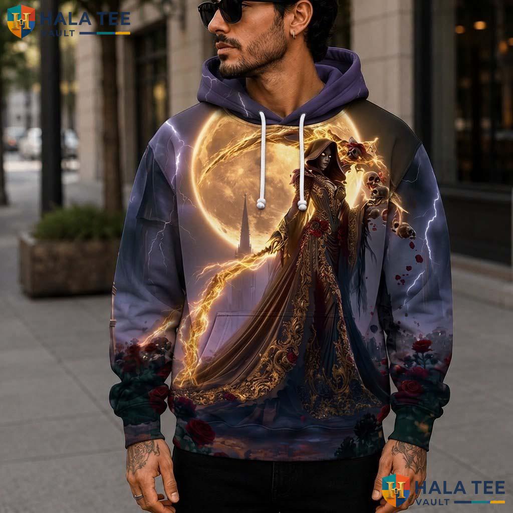 Moon Rose Grim Reaper 3D Printed Hoodie Dramatic Gothic Skeleton Streetwear