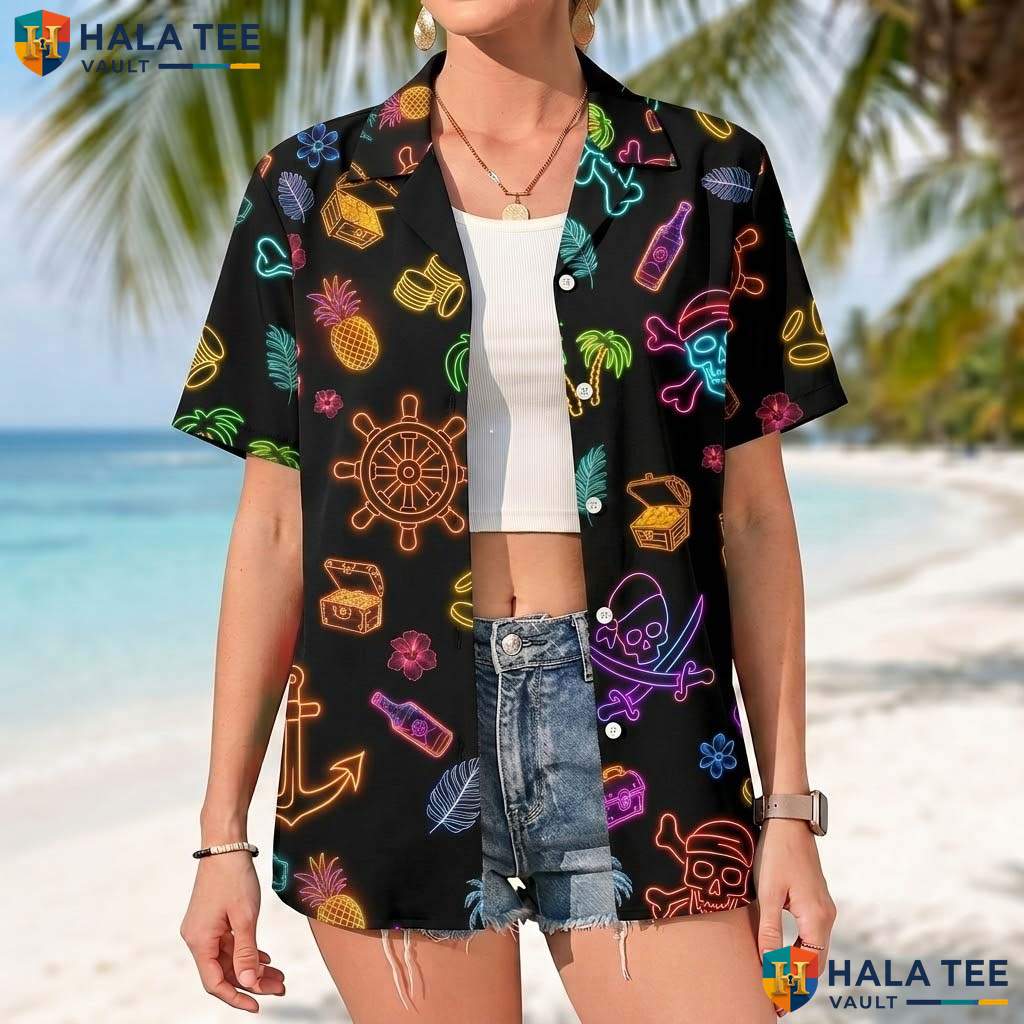 Multicolor Pirate Short-sleeve button-up shirt Mens Funny Buccaneer Beach Vacation Top