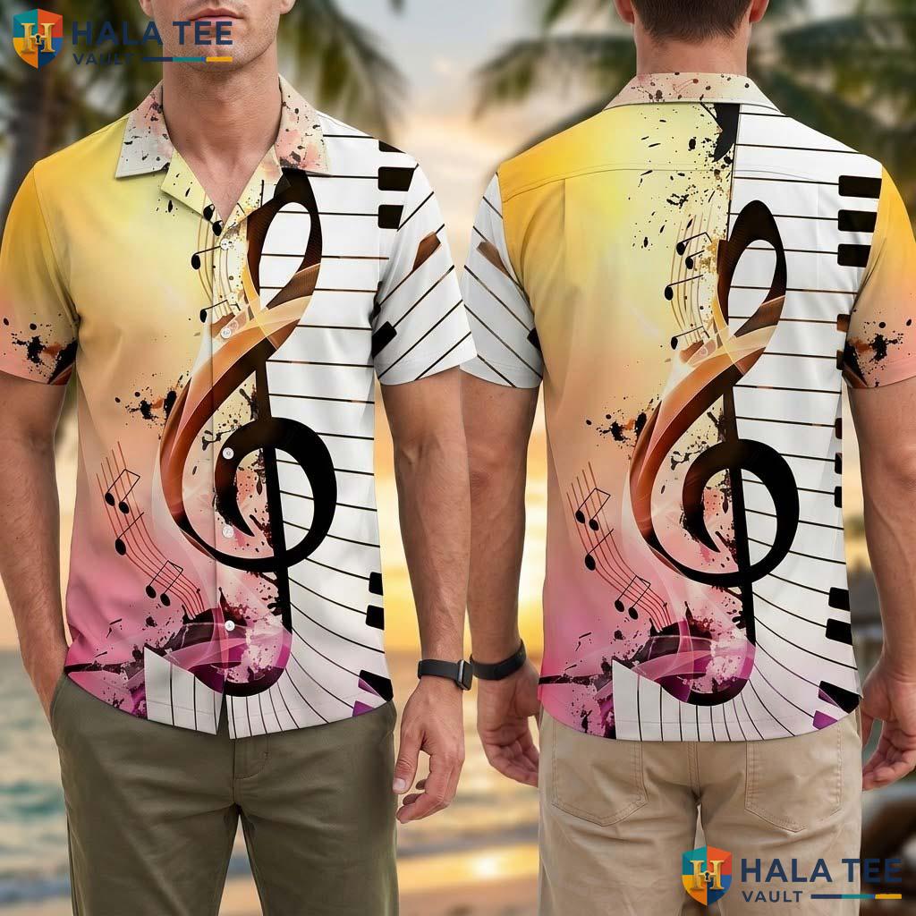 Musical Notes Tropical Shirt Vibrant Mens Button Down Music Themed Apparel