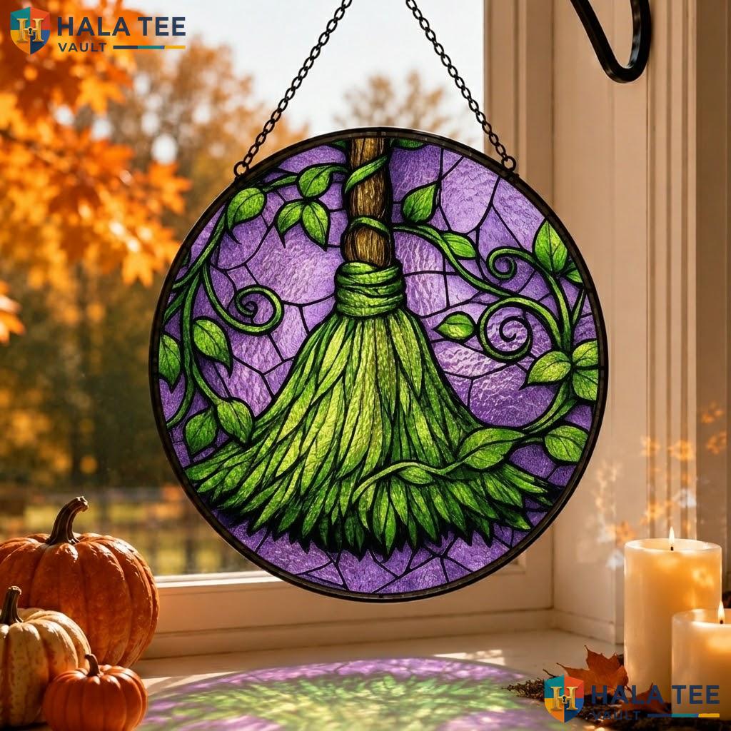 Mystical Broom Stained Glass Suncatcher, Spooky Dark Academia Wall Art Adult