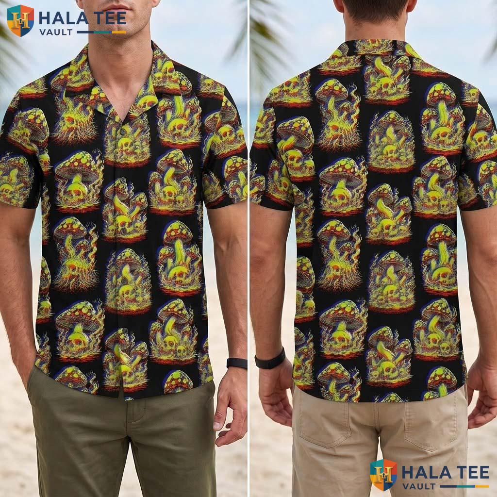 Nature Mushroom Halloween Hawaiian Shirt Psychedelic Skull Aloha Top Adult
