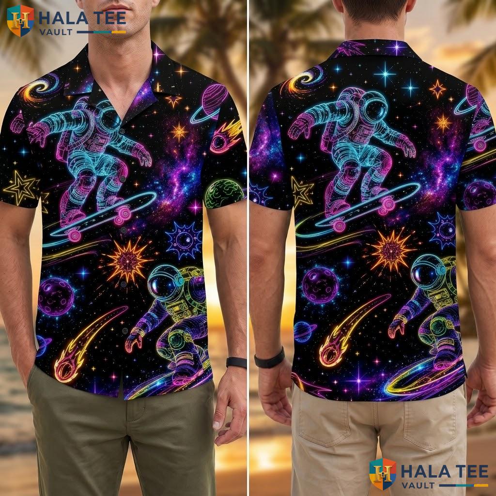 Neon Galaxy Astronaut Hawaiian Shirt Vibrant Graphic Skateboarding Summer Adult