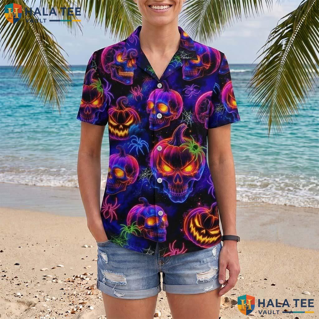 Neon Jack O Lantern Halloween Aloha Shirt Spooky Skull Party Top Adult