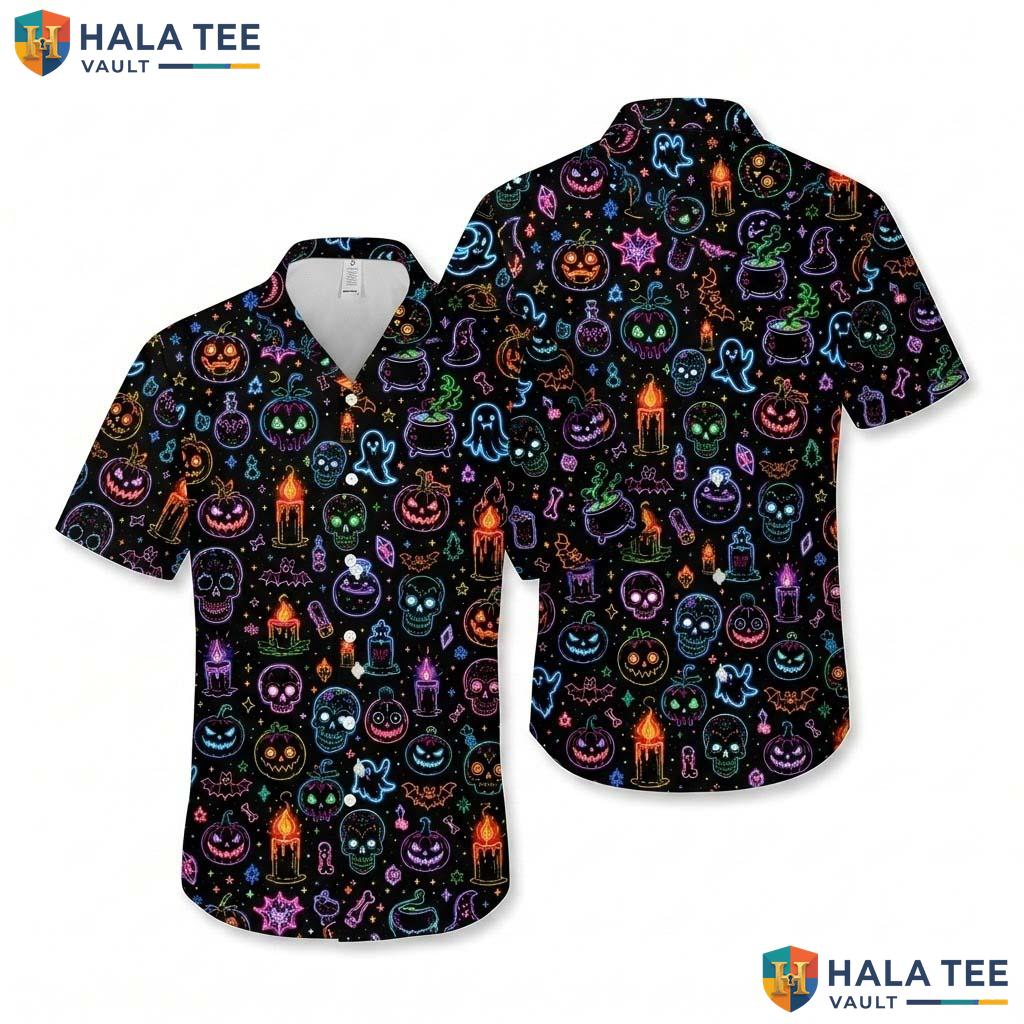 Neon Light Pumpkin Halloween Hawaiian Shirt Spooky Fall Leaves Aloha
