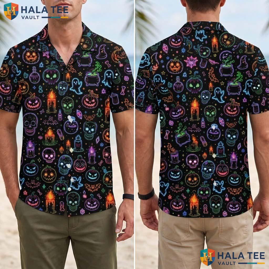 Neon Light Pumpkin Halloween Hawaiian Shirt Spooky Fall Leaves Aloha Adult