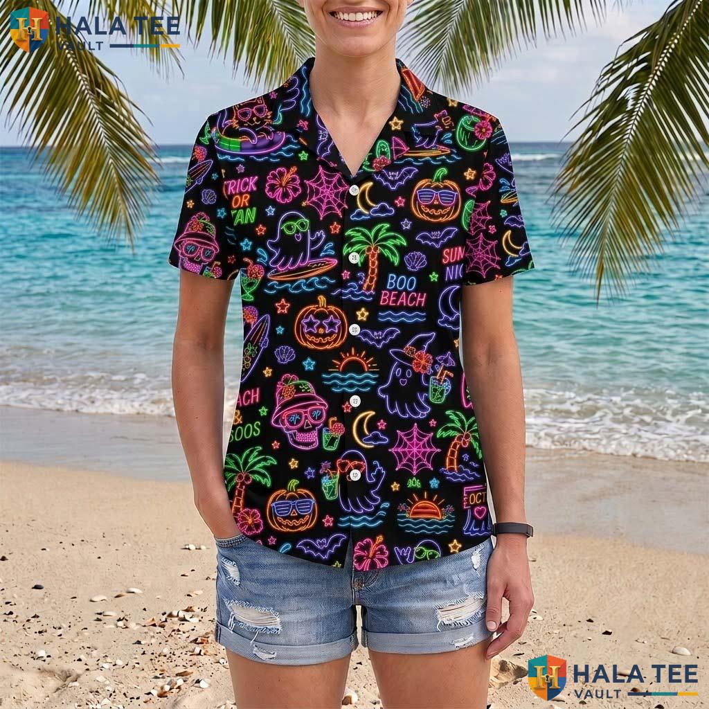 Neon Maple Leaf Halloween Hawaiian Shirt Spooky Fall Pumpkin Aloha Adult
