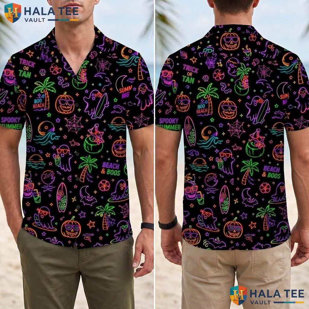 Neon Summerween Halloween Hawaiian Shirt Spooky Ghost Surf Aloha Top Adult