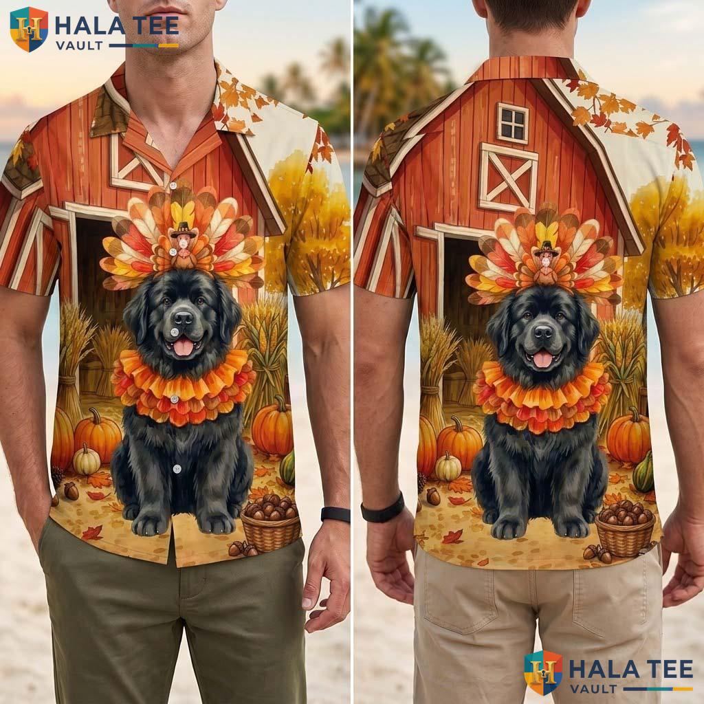 Newfoundland Costume Thanksgiving Tropical Shirt Dog Turkey Fall Mens