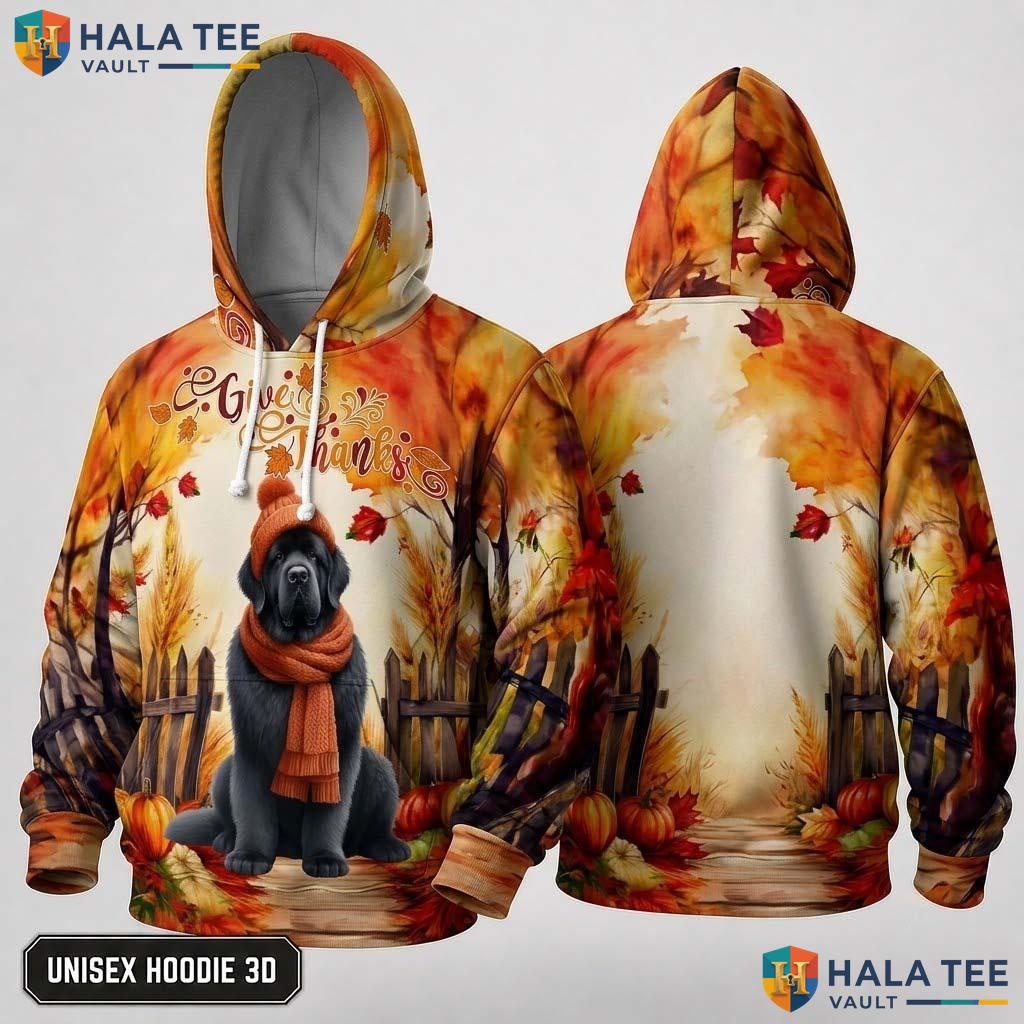 Newfoundland Dog Scarf Thanksgiving 3D Hoodie Give Thanks Rustic Top
