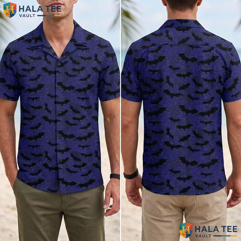 Night Bat Halloween Hawaiian Shirt Spooky Gothic Night Sky Aloha Top Adult