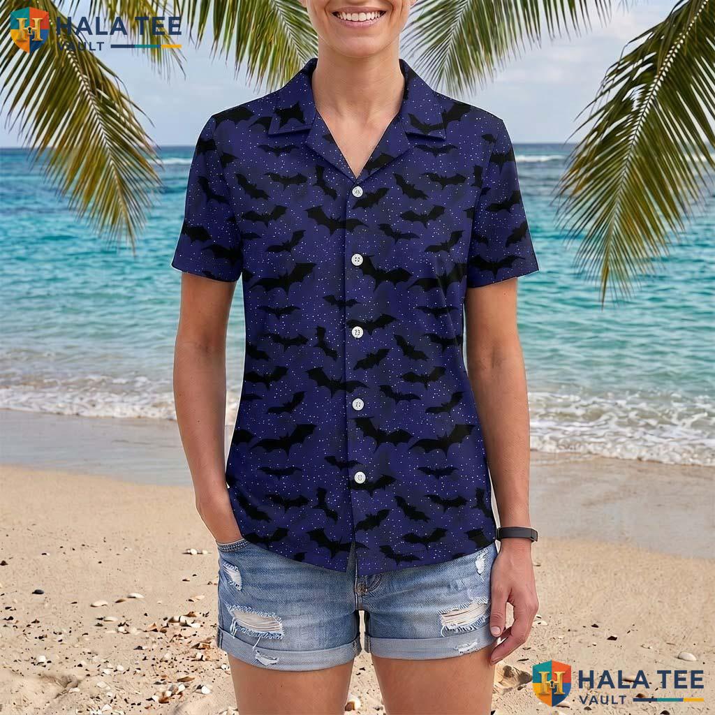Night Bat Halloween Hawaiian Shirt Spooky Gothic Night Sky Aloha Top Adult