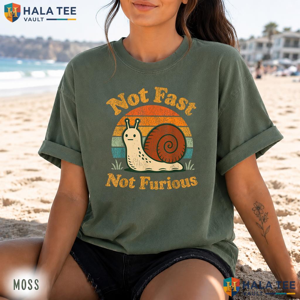 Not Fast Not Furious Retro Style T-Shirt Funny Snail Pace Sunset Apparel