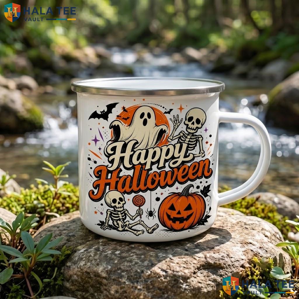 Orange Spooky Skeleton Halloween Mug Happy Ghost Pumpkin Ceramic Coffee Accent Mug
