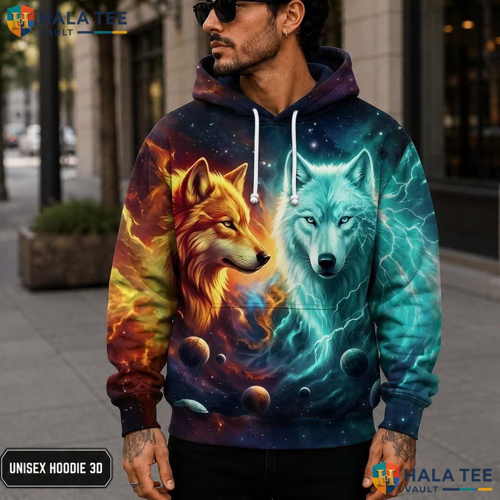 Orange White Cosmic Wolf 3D Printed Hoodie Vintage Vibrant Graphic Pullover