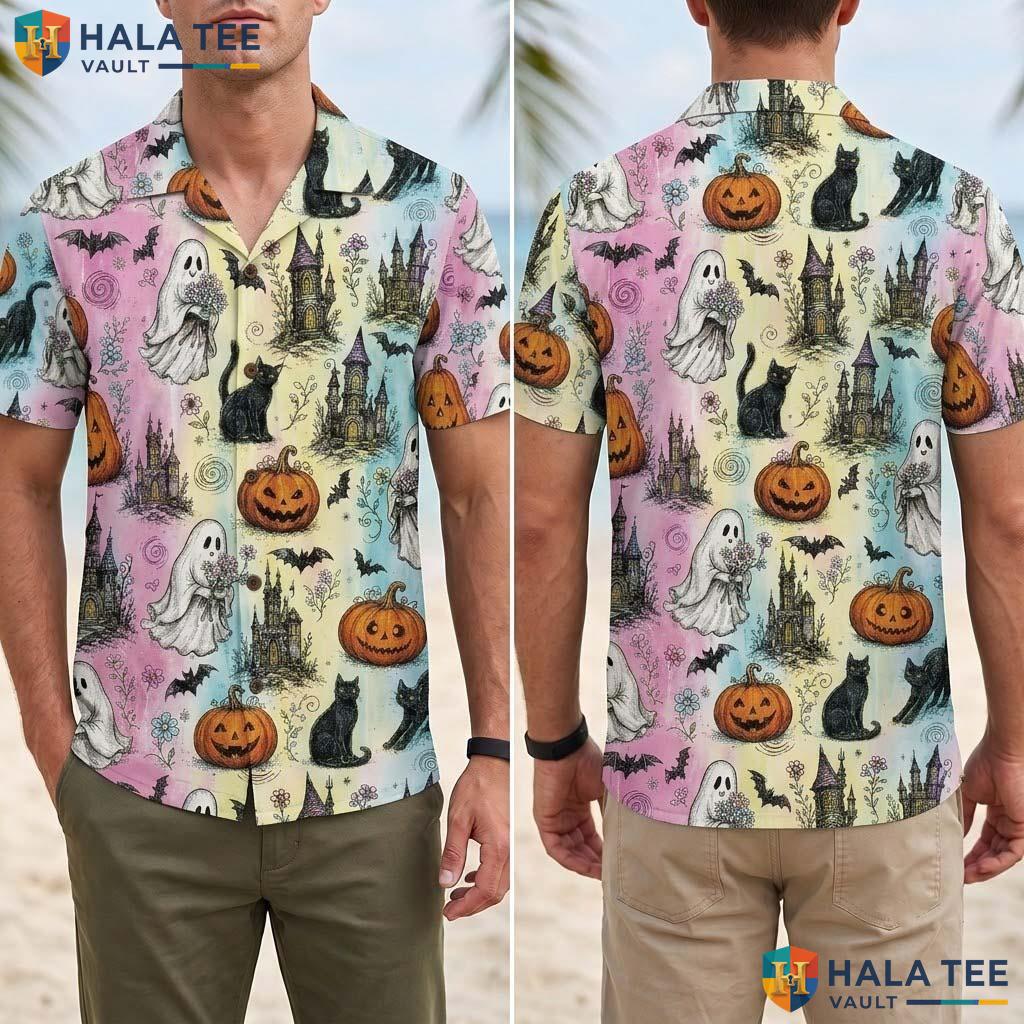 Pastel Castle Halloween Hawaiian Shirt Cute Spooky Pumpkin Cat Top Adult