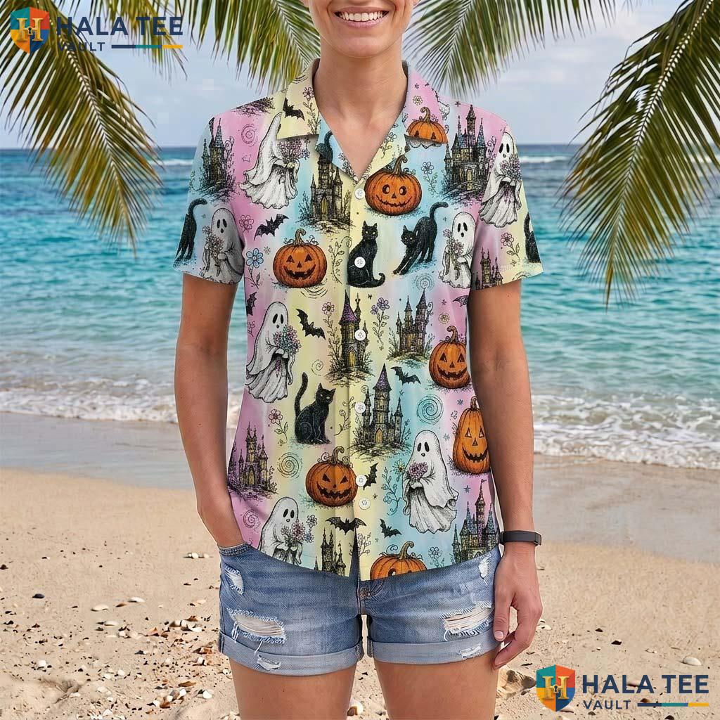 Pastel Ghost Halloween Hawaiian Shirt Pumpkin Cat Haunted Aloha Top Adult
