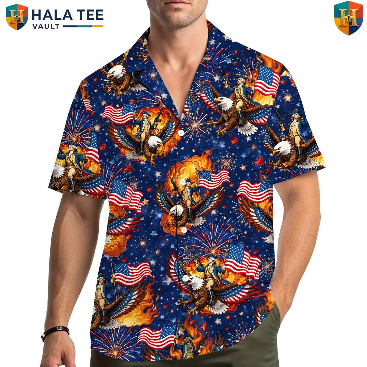 Patriotic Bald Eagle Aloha Shirt Mens Fourth Of July Freedom Celebration Top
