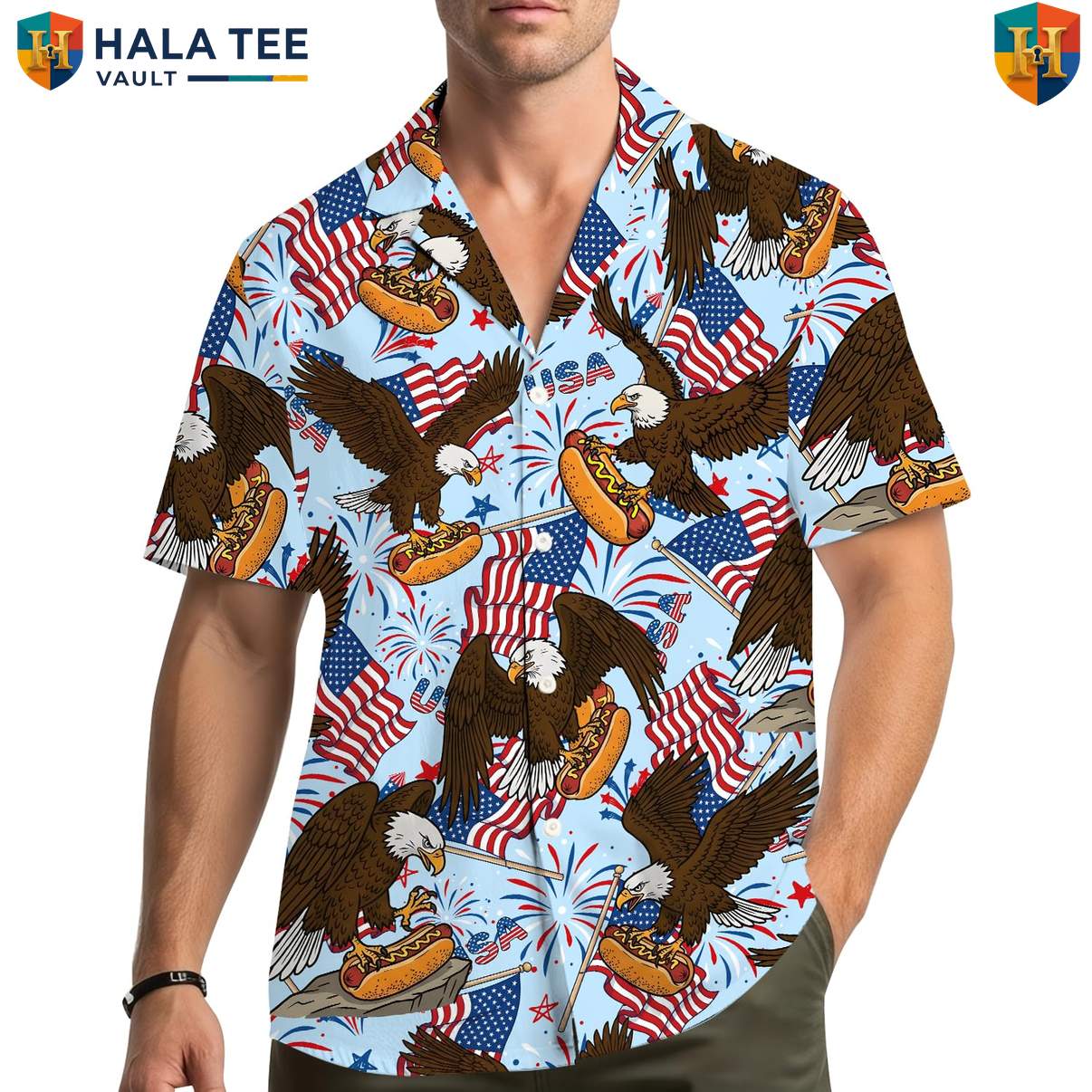 Patriotic Eagle Hotdog Hawaiian Shirt Mens Summer Fourth Of July Cookout Top