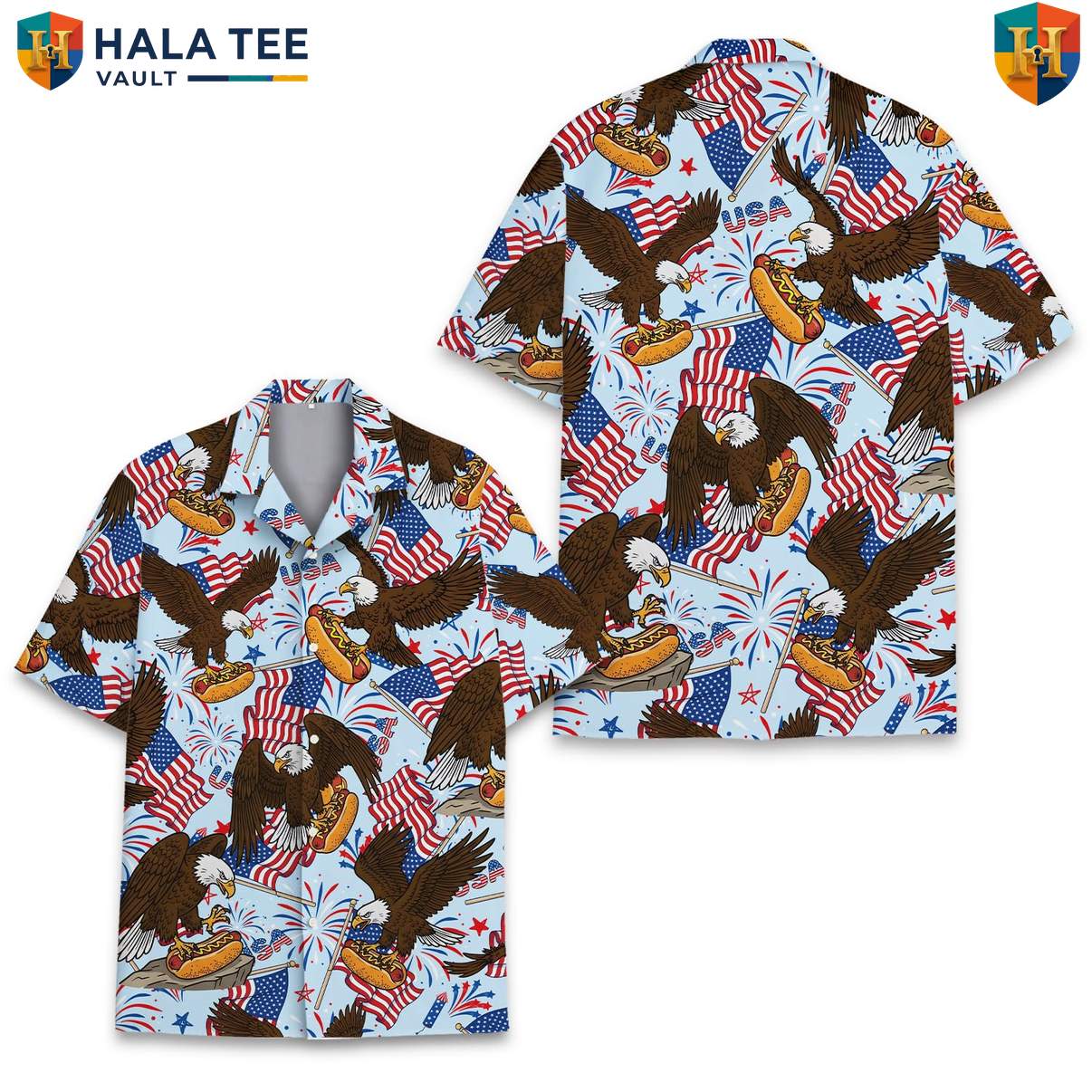 Patriotic Eagle Hotdog Tropical Shirt Mens Summer Fourth Of July Cookout Top