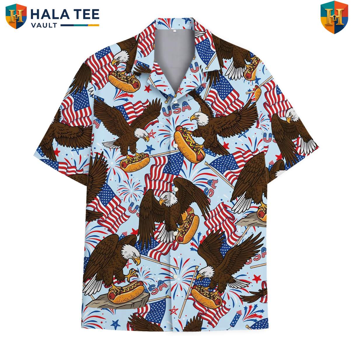 Patriotic Eagle Hotdog Aloha Shirt Mens Summer Fourth Of July Cookout Top