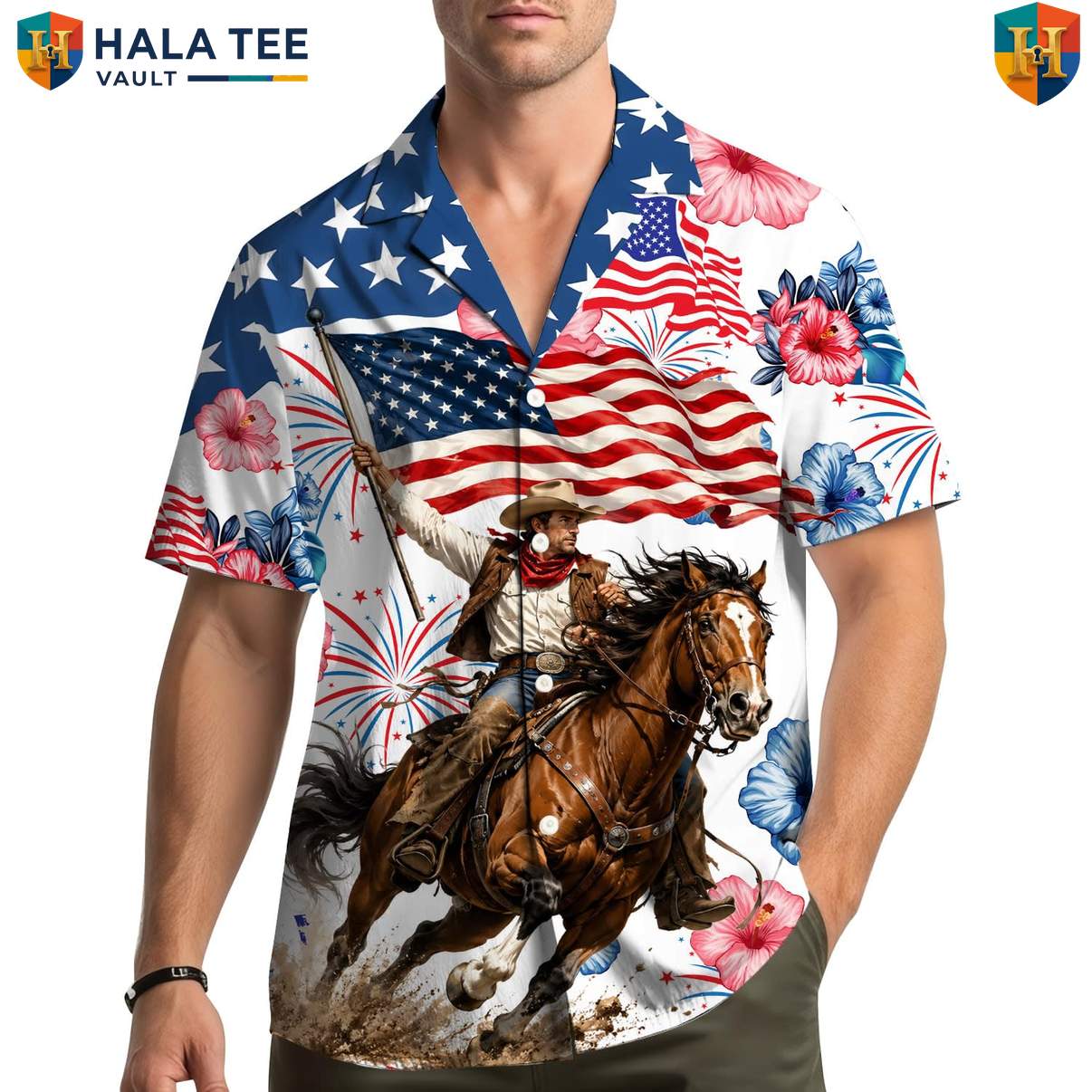 Patriotic Western Cowboy Aloha Shirt Mens American Fourth Of July Camp Gear