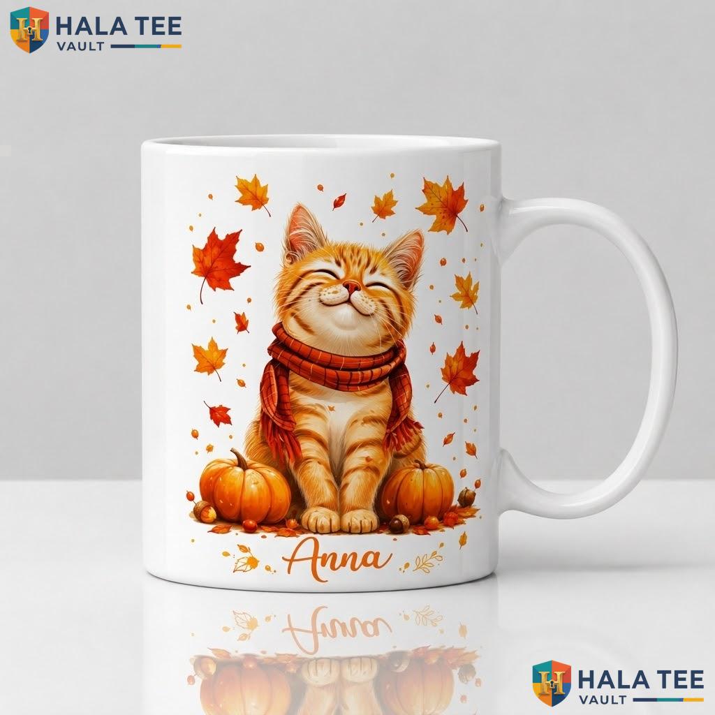 Personalized Fall Cat Ceramic Mug Cute Autumn Ghost Halloween Coffee Cup