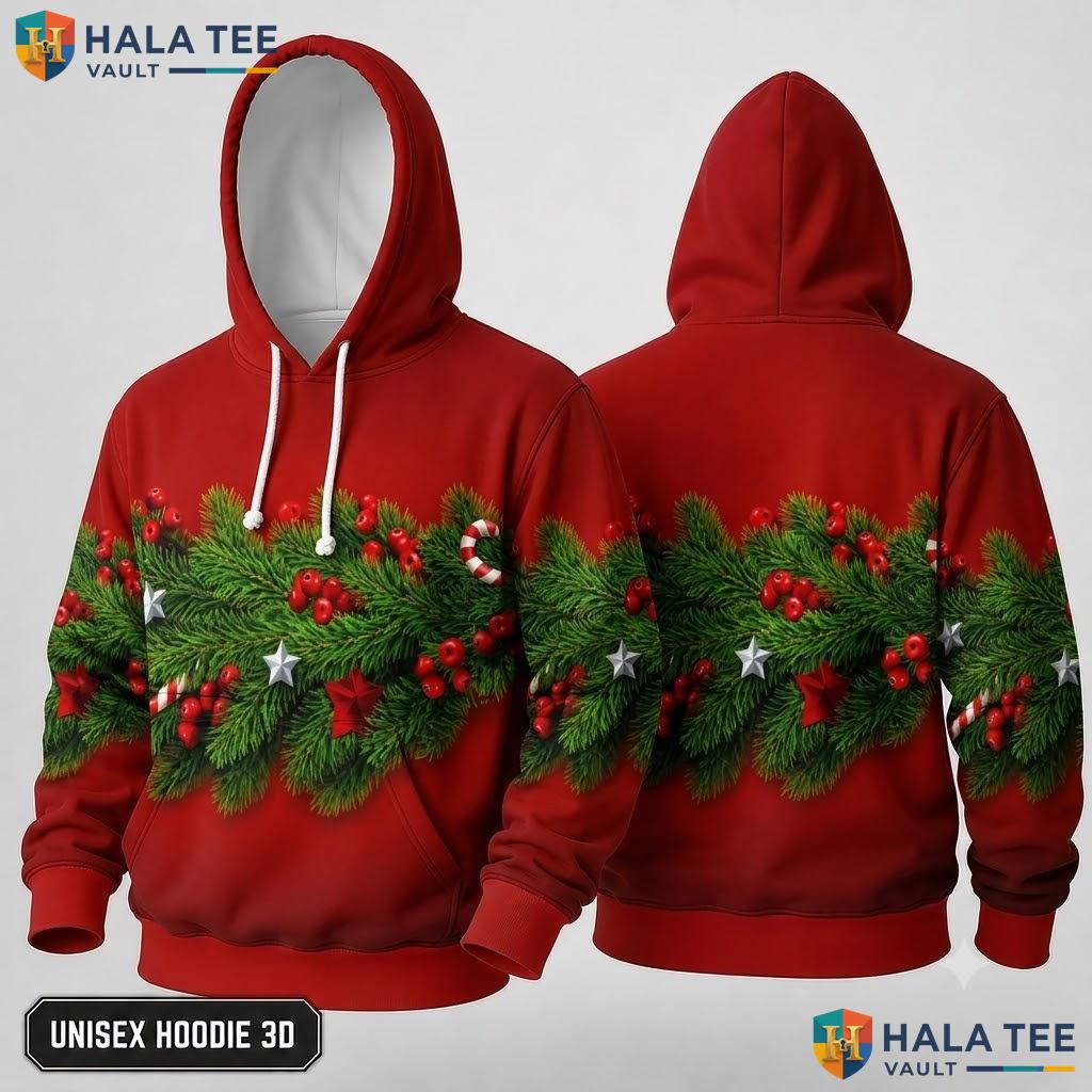Pine Branches Berries Christmas 3D Hoodie Festive Red Spirit Top