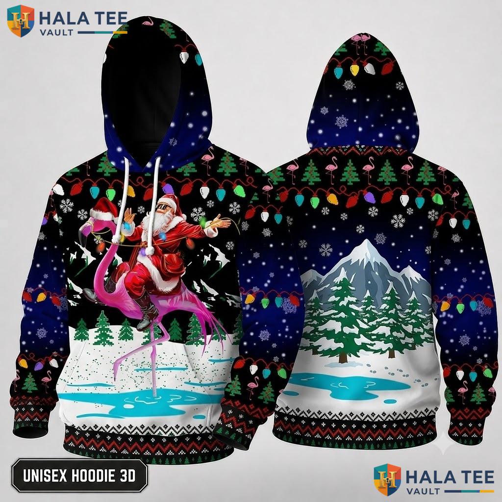 Pink Flamingo Santa Claus Christmas 3D Hoodie Funny Festive Top