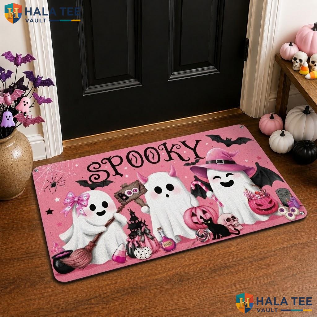 Pink Ghost Halloween Front door mat Non Slip Linen Surface Spooky Fall Entryway Rug